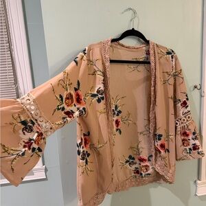 Floral Kimono Cardigan with Lace Trim